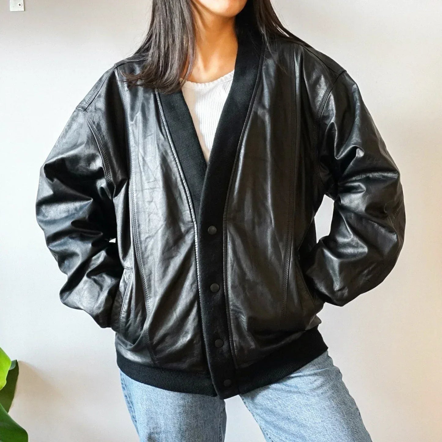 Oversized Leather Jacket Womens Black Bomber Retro Style