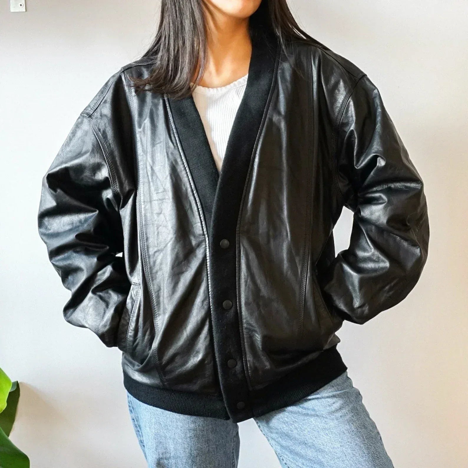 Oversized Leather Jacket Womens Black Bomber Retro Style