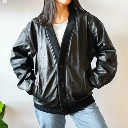 Oversized Leather Jacket Womens Black Bomber Retro Style