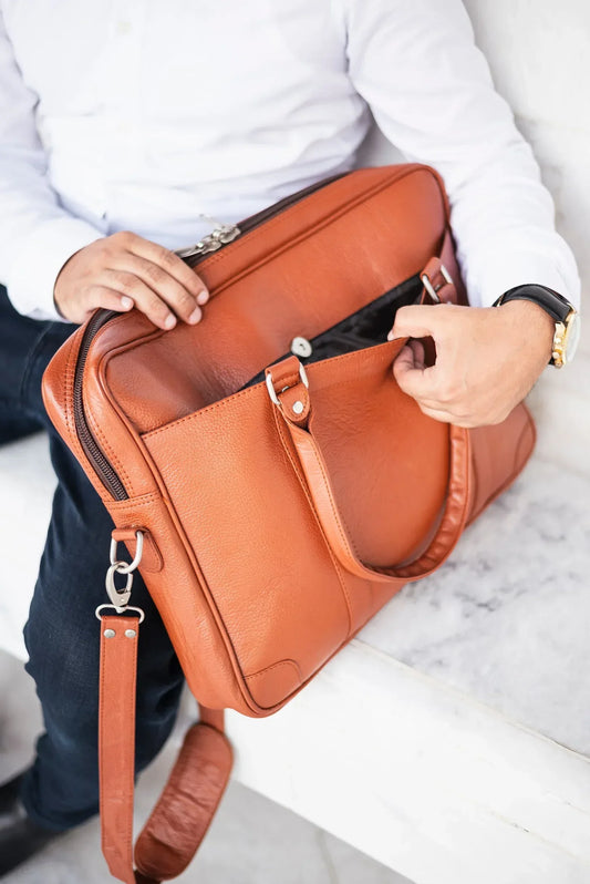 Leather messenger bag for men brown laptop crossbody