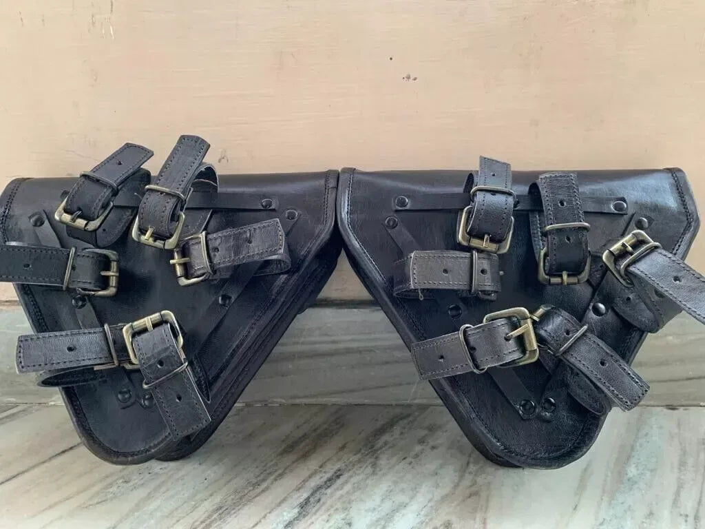 Leather Pannier Bags for Motorcycle with Buckle Straps