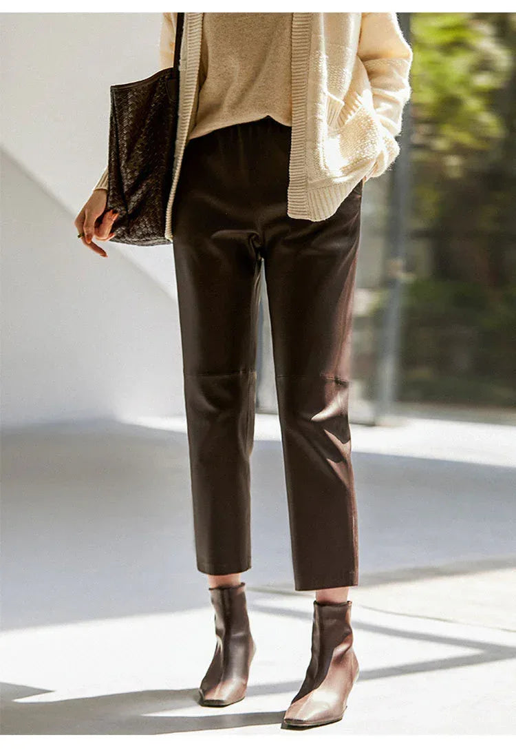 Women Leather Pants Brown High Waist