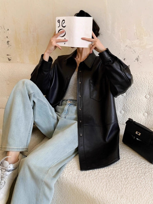 Genuine Leather Shirt Women Black Straight Fit Button Up Jacket