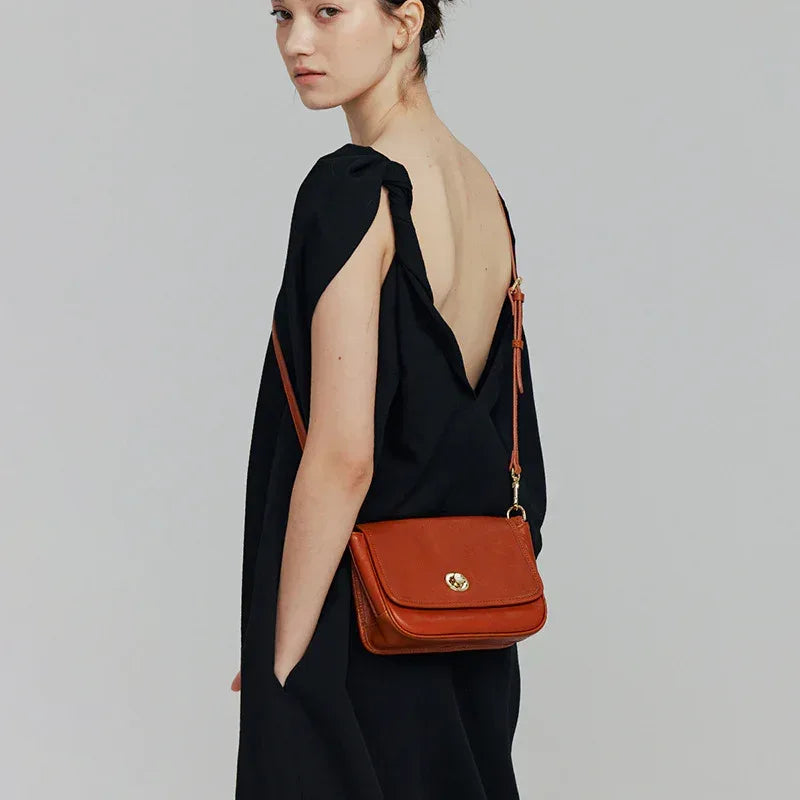 Small Genuine Leather Shoulder Bag with Flap Closure