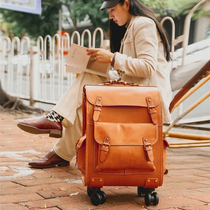 Vintage Leather Trolley Suitcase with Spinner Wheels