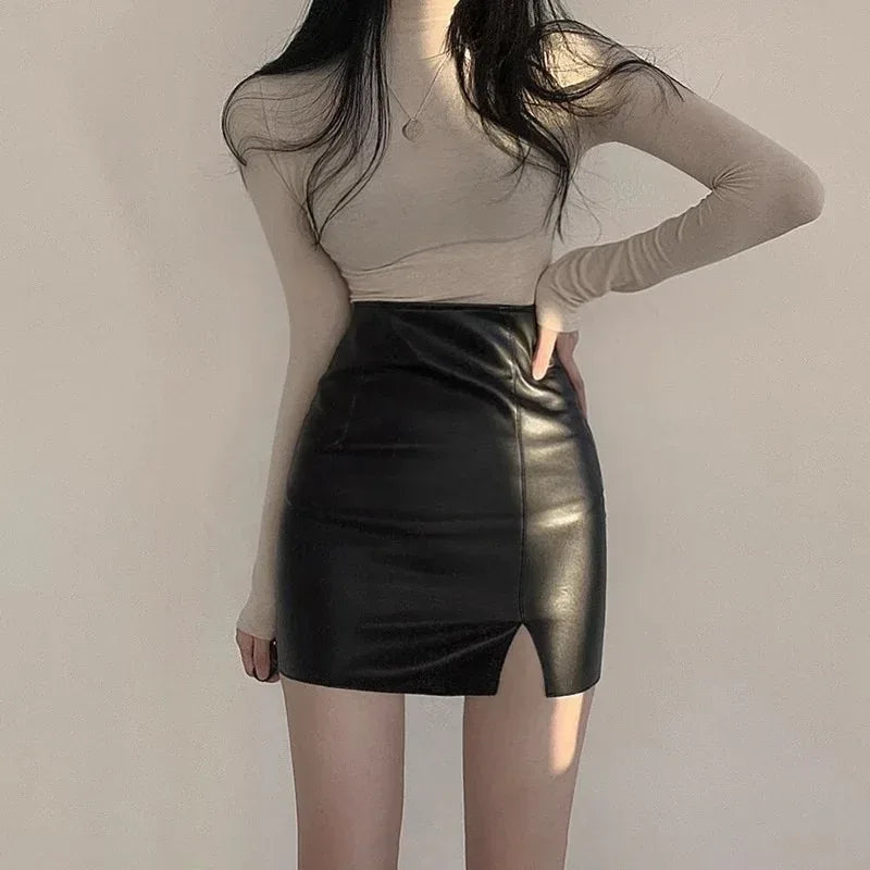 Women’s Faux Leather Mini Skirt with Front Slit 2 XS