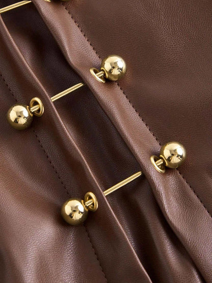 High-waisted brown faux leather bodycon pencil skirt