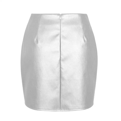 Metallic faux leather mini skirt women high waist
