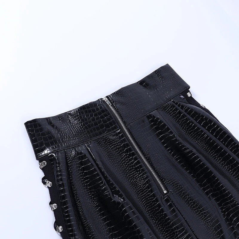 Women's black leather mini skirt with adjustable lacing