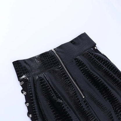 Women's black leather mini skirt with adjustable lacing
