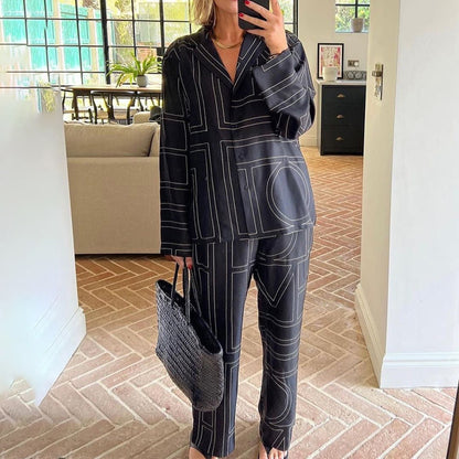 Letter print satin wide leg lounge set