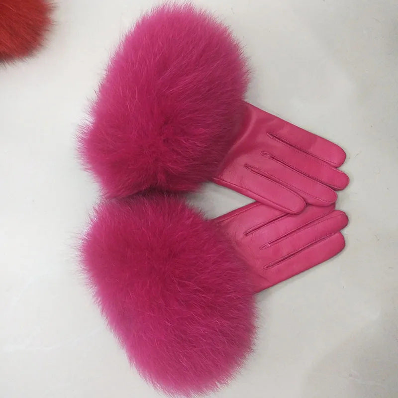 Women leather gloves with fur cuff 3