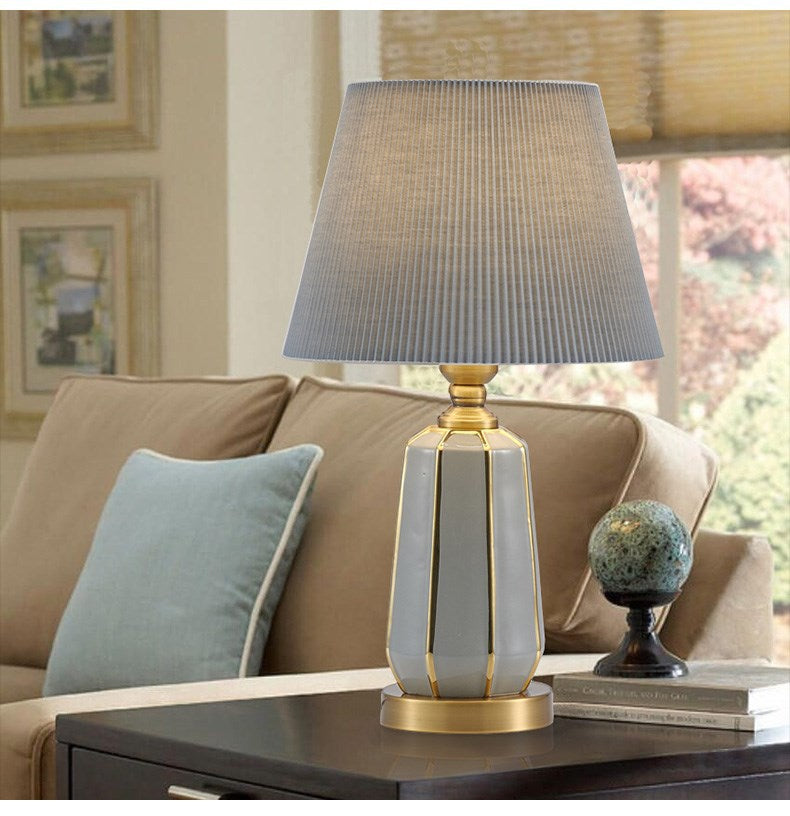 Minimalist ceramic touch table lamp for bedroom Gray ceramic + gray pleated cover 110V-120V For US CA