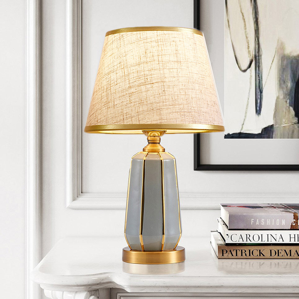 Minimalist ceramic touch table lamp for bedroom Gray ceramic + linen double gold trim cover 110V-120V For US CA