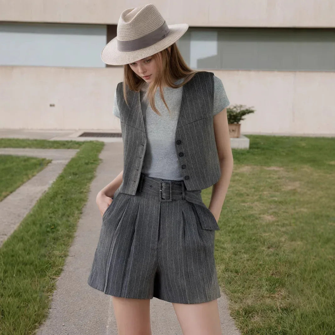 Women's Gray Pinstripe Vest and Shorts Set