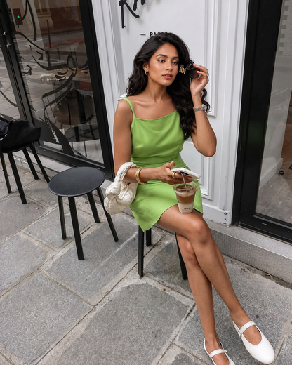 Green Square Neck Spaghetti Strap Mini Dress with Open Sides