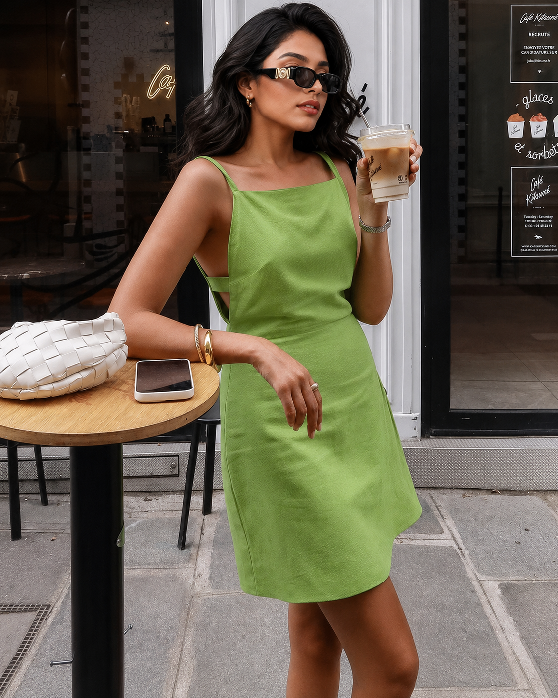 Green Square Neck Spaghetti Strap Mini Dress with Open Sides
