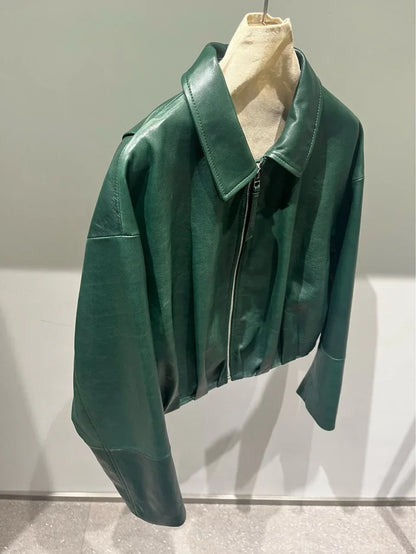 Women's Green Sheepskin Cropped Bomber Jacket