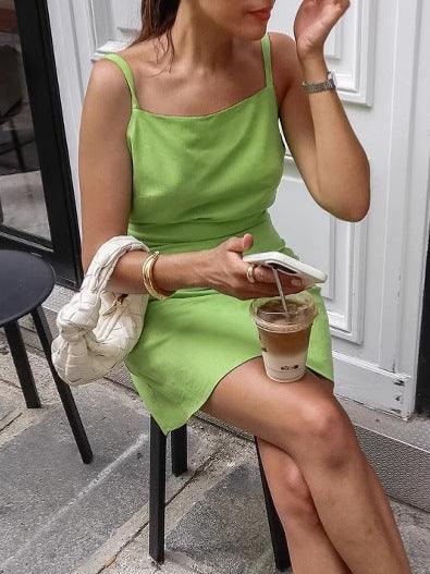 Green Square Neck Mini Dress with Spaghetti Straps