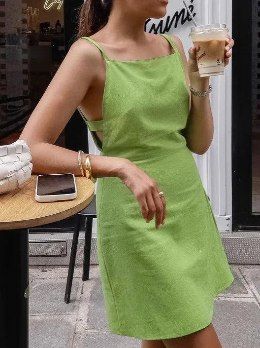 Green Square Neck Mini Dress with Spaghetti Straps