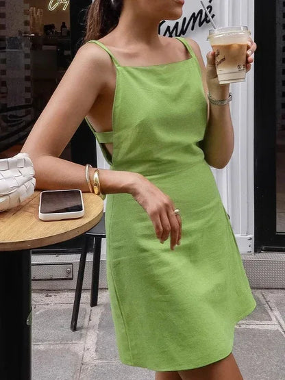Green Square Neck Mini Dress with Spaghetti Straps