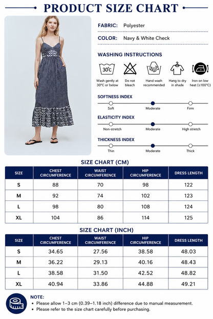 Grey Gingham Maxi Dress with Spaghetti Straps and Ruffle Hem