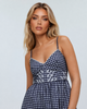 Grey plaid spaghetti strap dress with a shaped bust, fitted waist, and ankle-length gingham skirt.