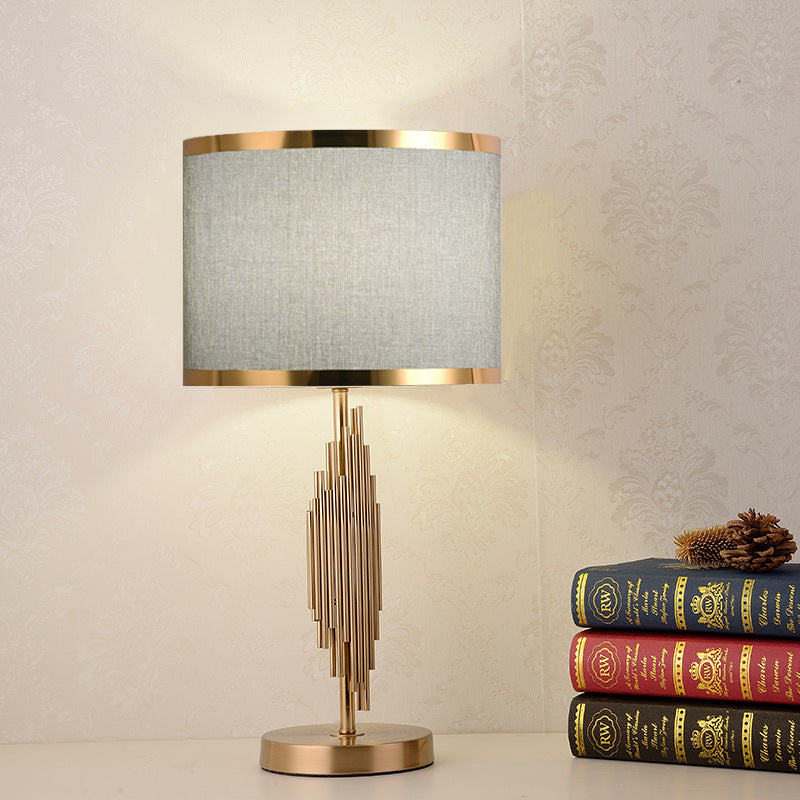 Modern scandinavian brass table lamp with fabric shade Grey with double gold trim [Height 55cm] Push Button 110V-120V For US CA