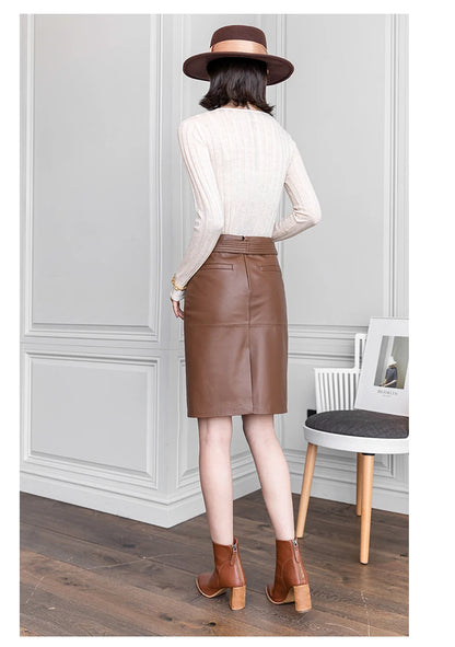 High-waisted pencil skirt in genuine leather