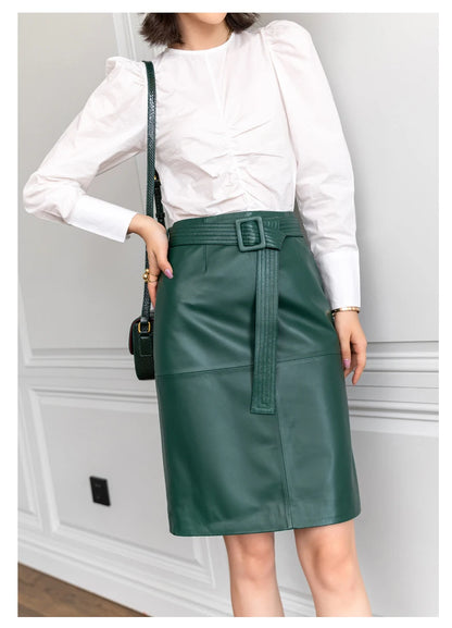 High-waisted pencil skirt in genuine leather