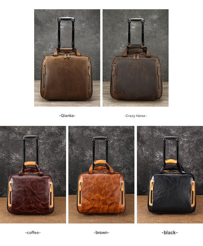 Real Leather Trolley Suitcase Carry-On with Wheels