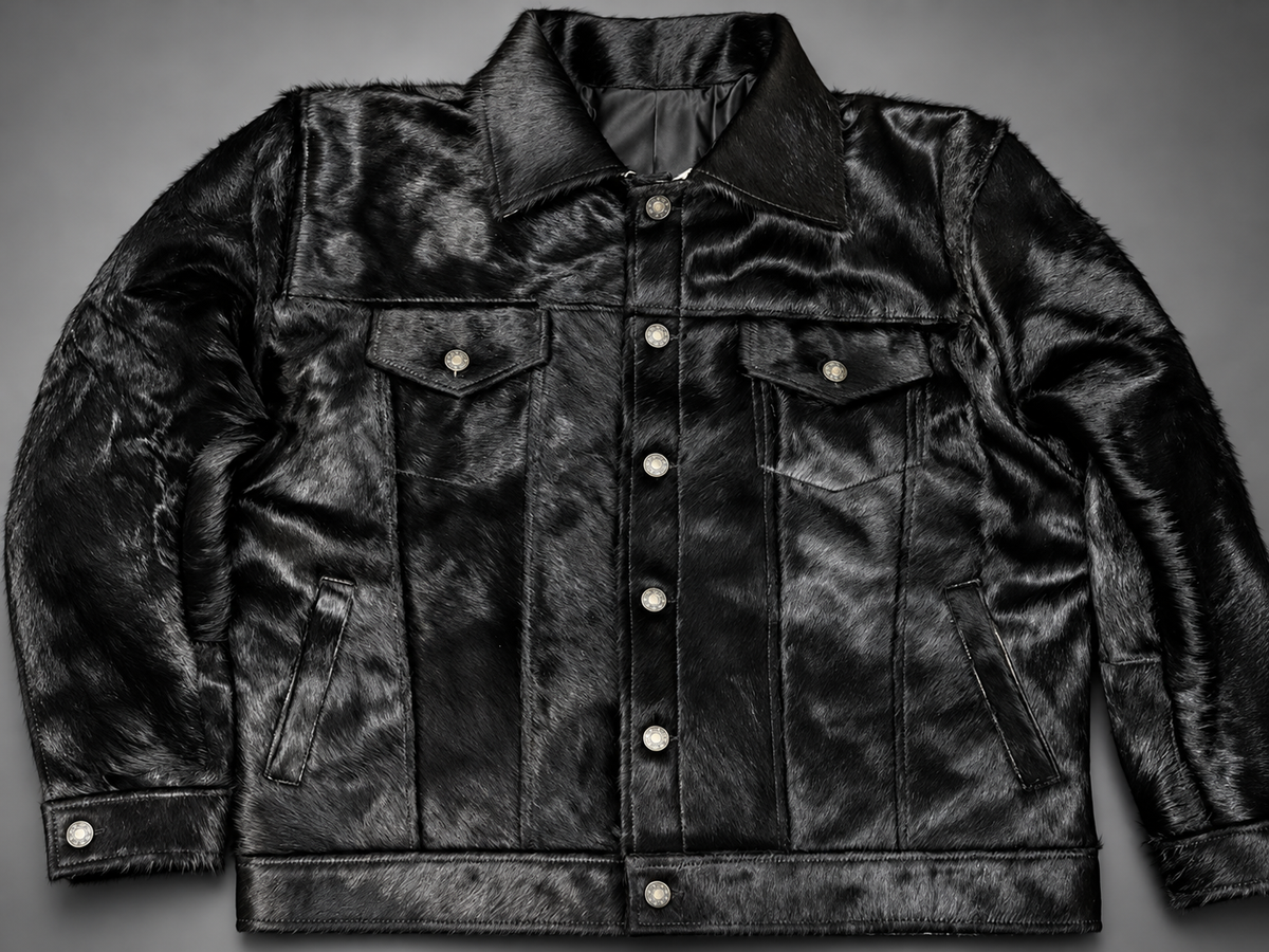 Black Cowhide Jacket in Genuine Hair-On Leather for Men