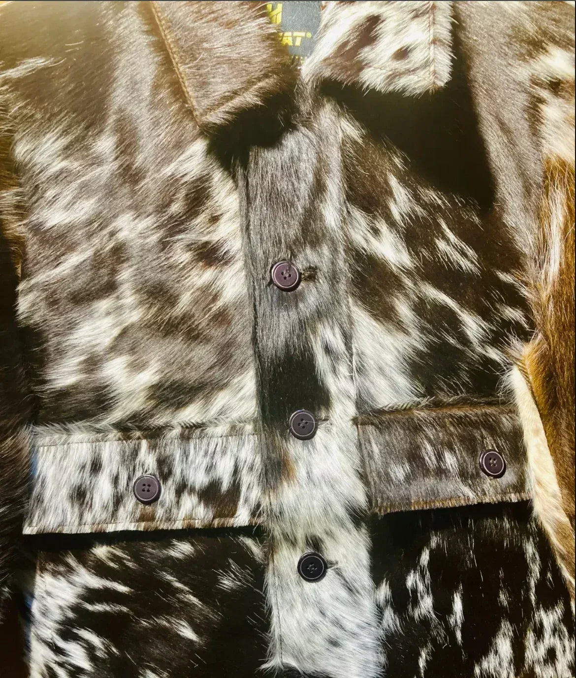 Hair-On Cowhide Jacket With Natural Tricolor Hide and Button Front