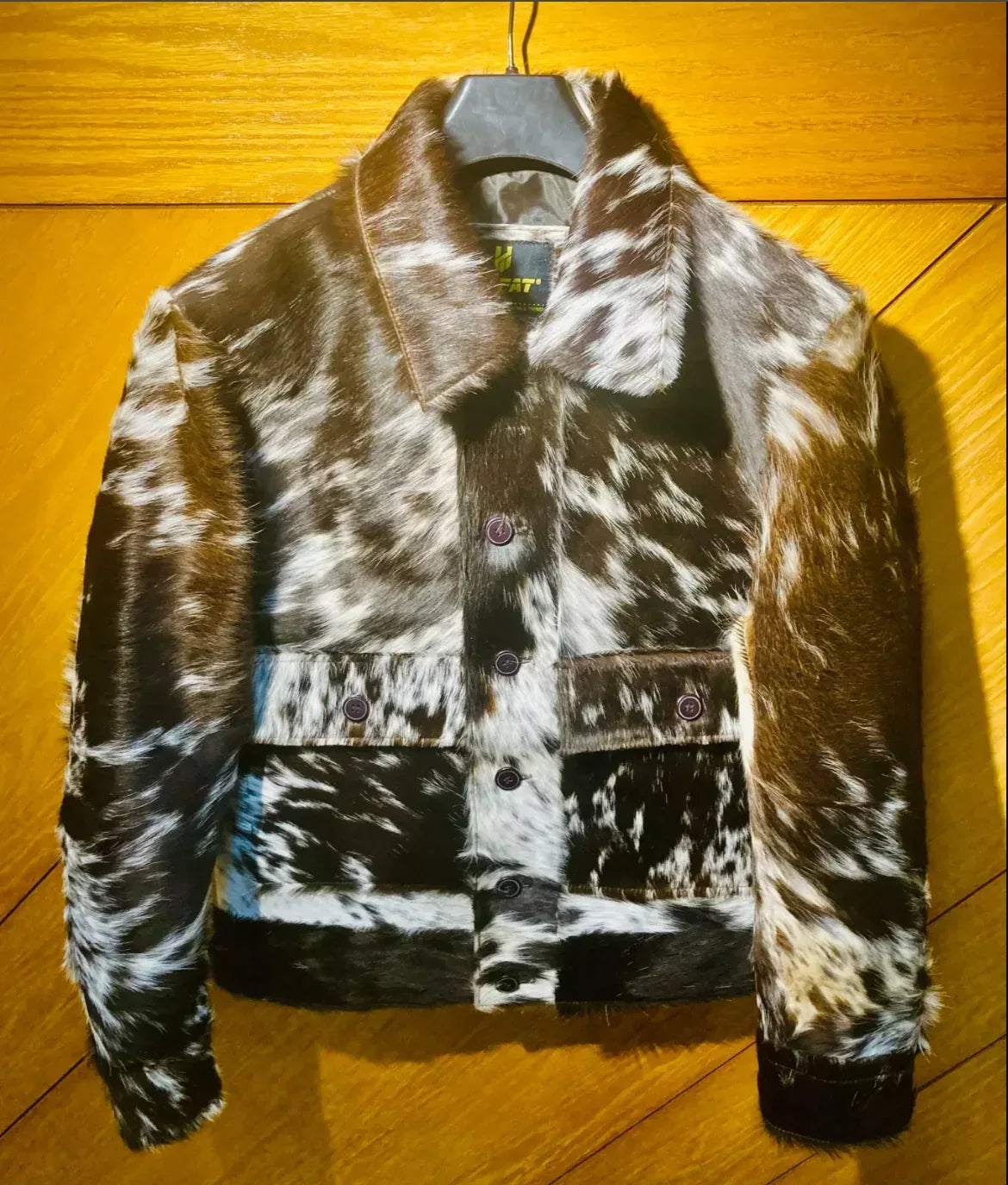 Hair-On Cowhide Jacket With Natural Tricolor Hide and Button Front