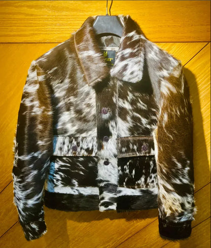 Hair-On Cowhide Jacket With Natural Tricolor Hide and Button Front