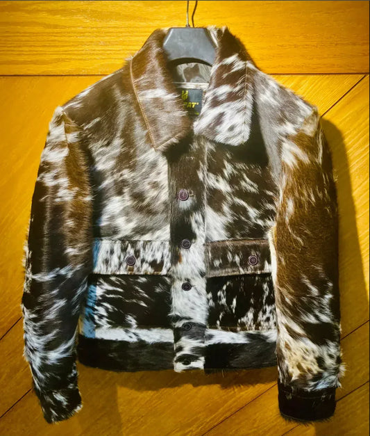 Hair-On Cowhide Jacket With Natural Tricolor Hide and Button Front