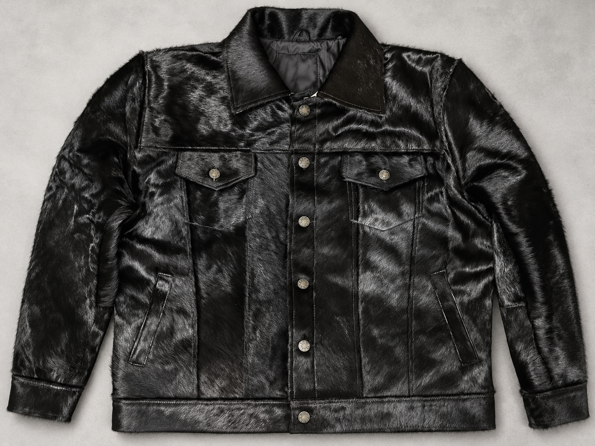 Black Cowhide Jacket in Genuine Hair-On Leather for Men