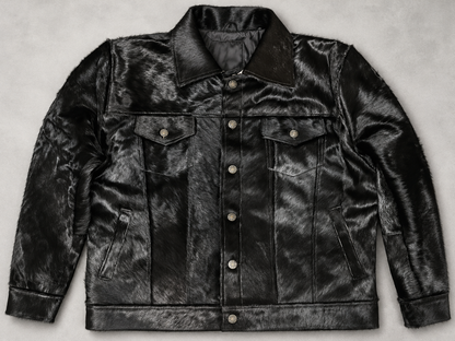 Black Cowhide Jacket in Genuine Hair-On Leather for Men
