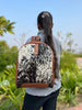 Black White Cowhide Backpack with Brown Leather Trim