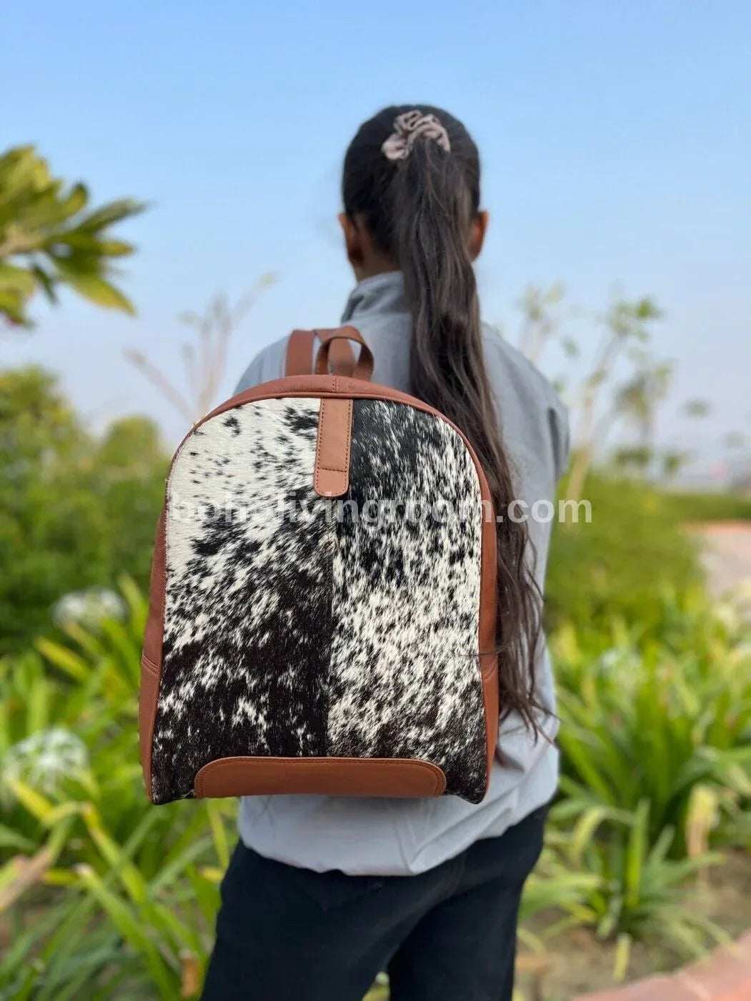 Black White Cowhide Backpack with Brown Leather Trim