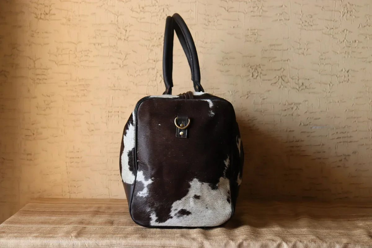 Overnight Cowhide Duffle Bag Black White