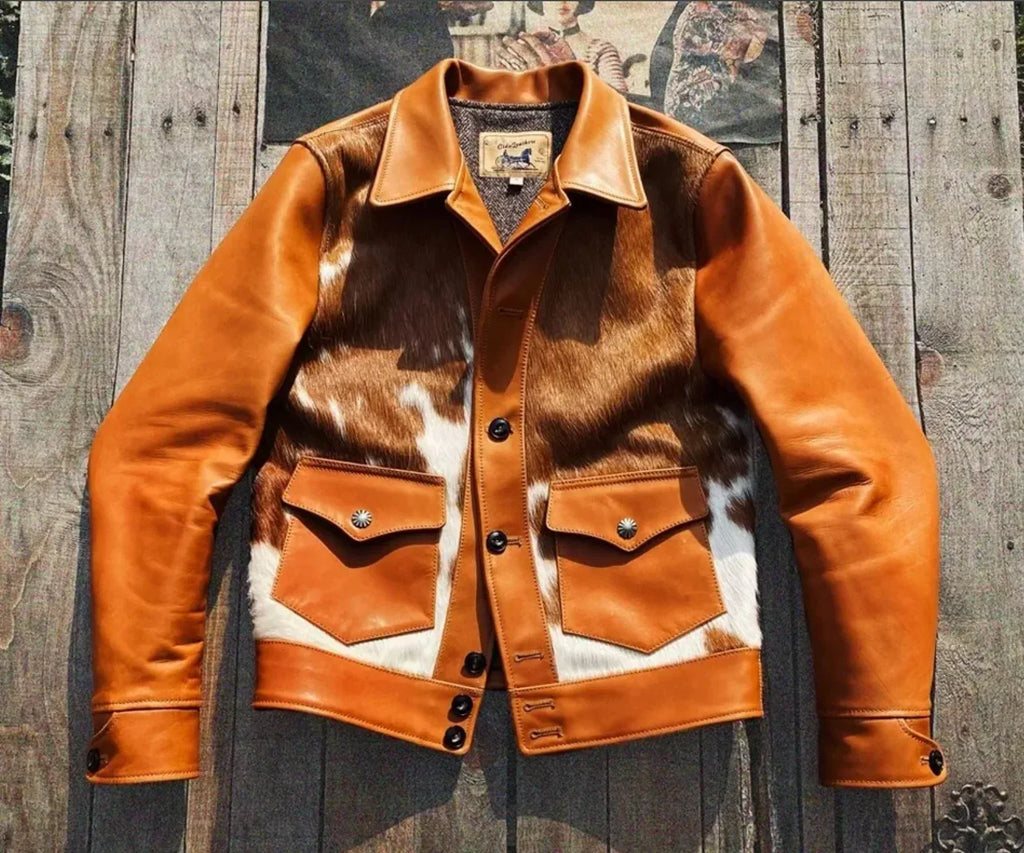 Hair On Cowhide Jacket with Brown White Hide