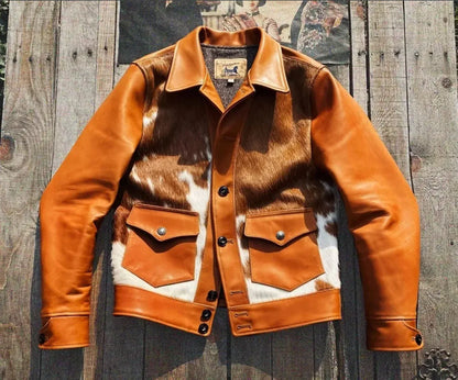 Hair On Cowhide Jacket with Brown White Hide