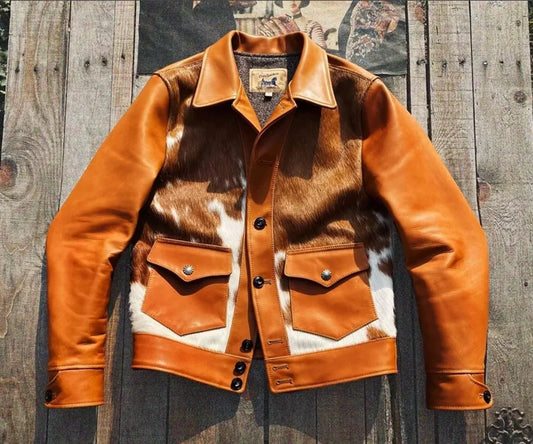 Hair On Cowhide Jacket with Brown White Hide