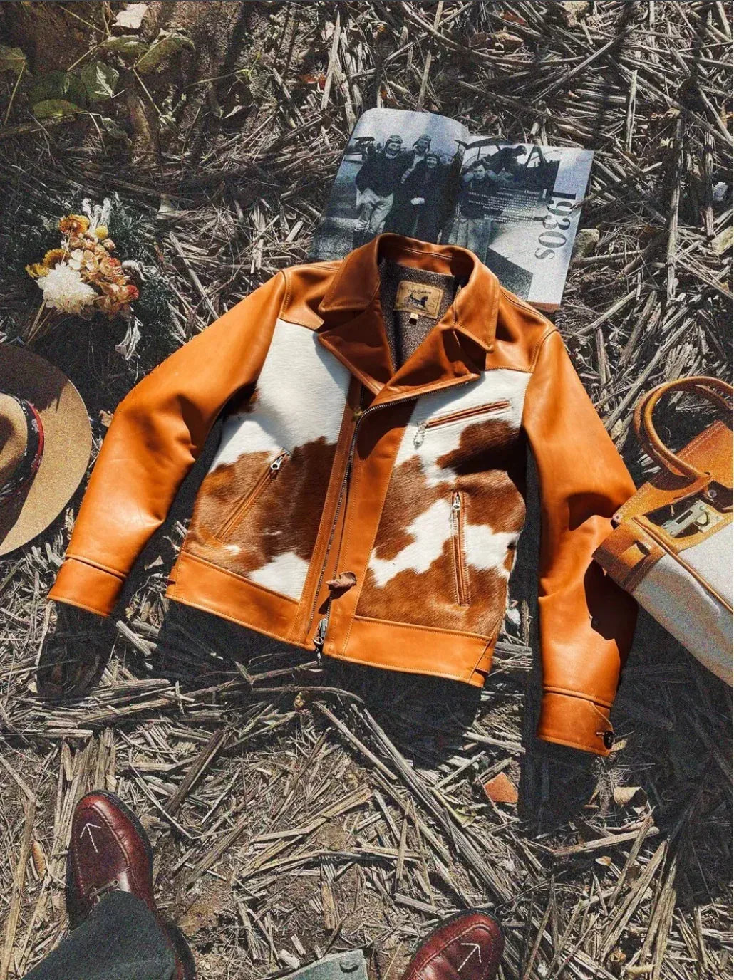 Hair On Cowhide Jacket with Brown White Hide