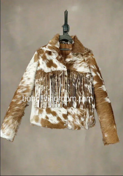 cowhide jacket brown white fur hair on hide women