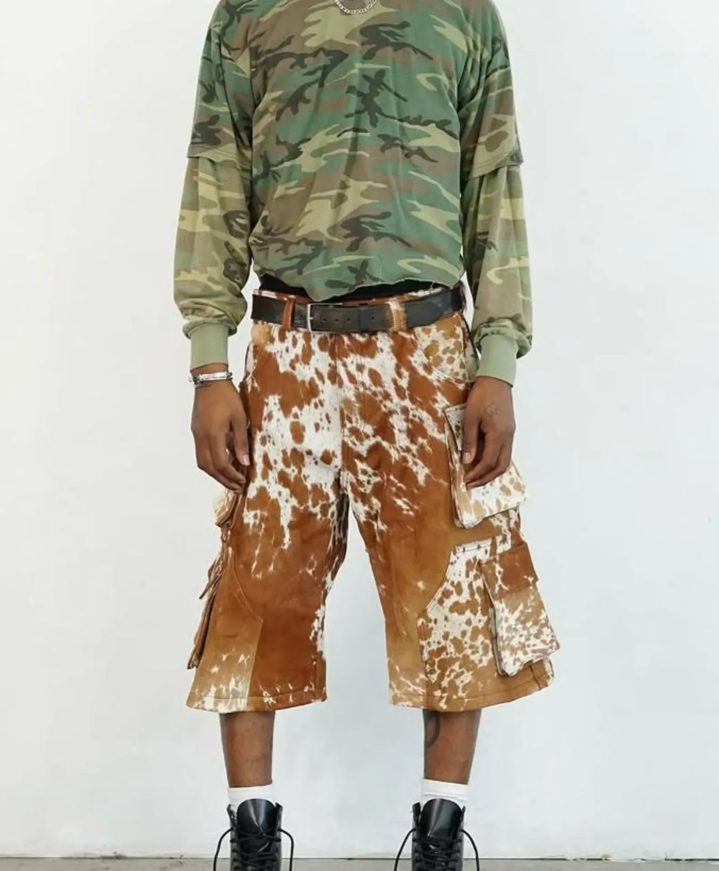 Men’s Hair On Cowhide Cargo Shorts with Side Pockets