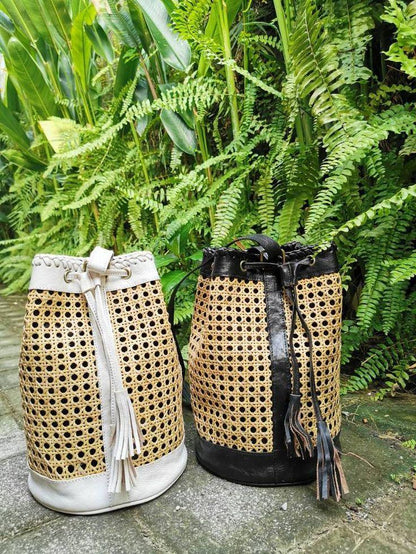 Rattan Leather Bucket Bag Boho Backpack Purse