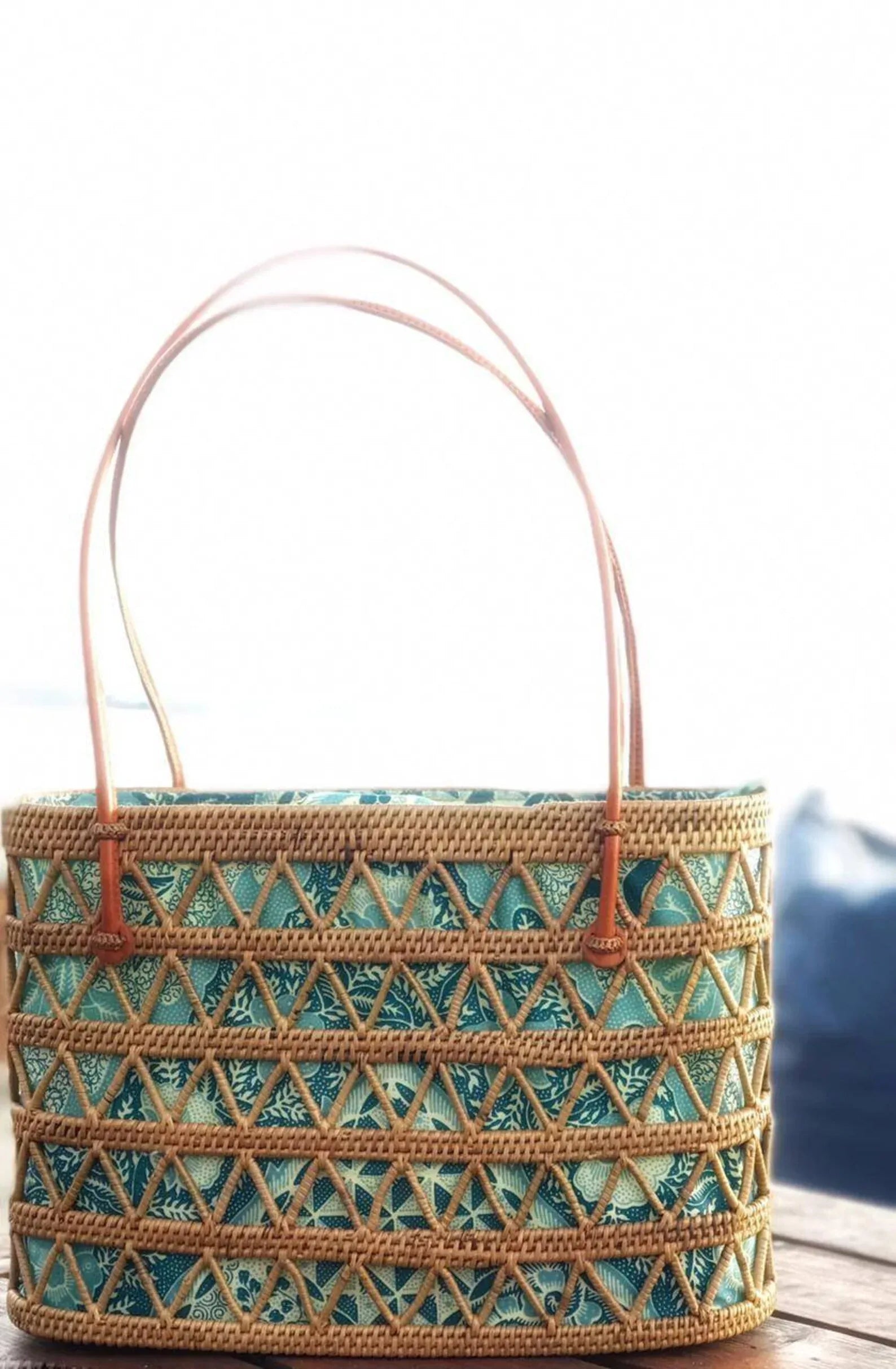 Bali Handmade Natural Rattan Tote Handbag Blue Lining