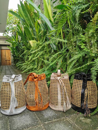 Rattan and Leather bucket bag